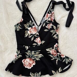 Charlotte Russe Black and Pink Floral Peplum V-Neck Top